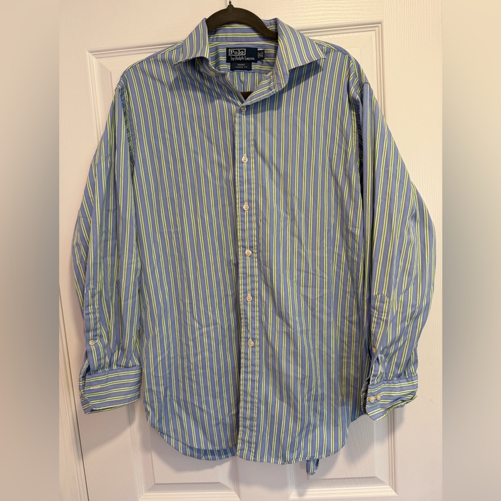 Polo Ralph Lauren blue green stripe button down regent classic fit shirt 32/33
